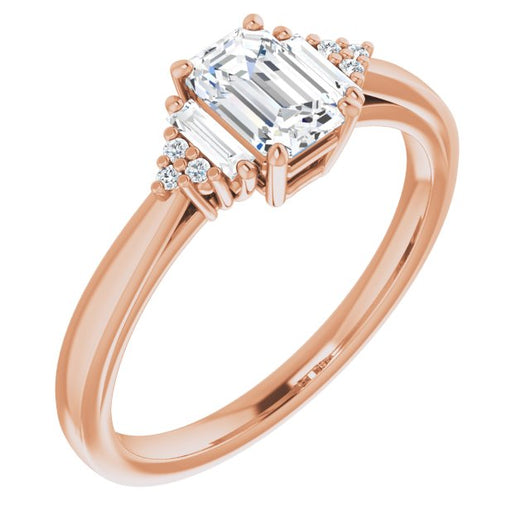 10K Rose Gold Customizable 9-stone Design with Emerald/Radiant Cut Center, Side Baguettes and Tri-Cluster Round Accents