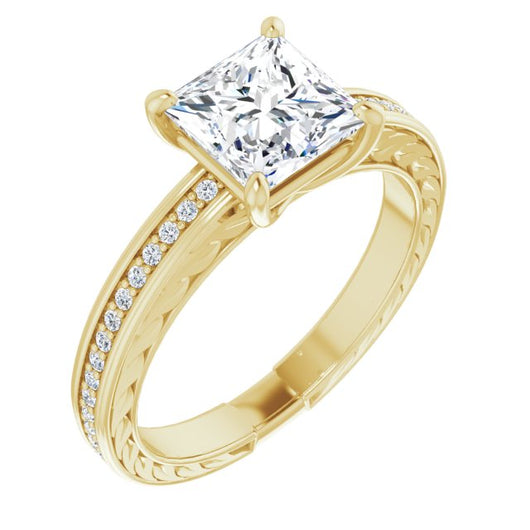 10K Yellow Gold Customizable Princess/Square Cut Design with Rope-Filigree Hammered Inlay & Round Channel Accents