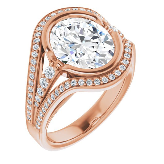 10K Rose Gold Customizable Cathedral-Bezel Oval Cut Design with Wide Triple-Split-Pavé Band