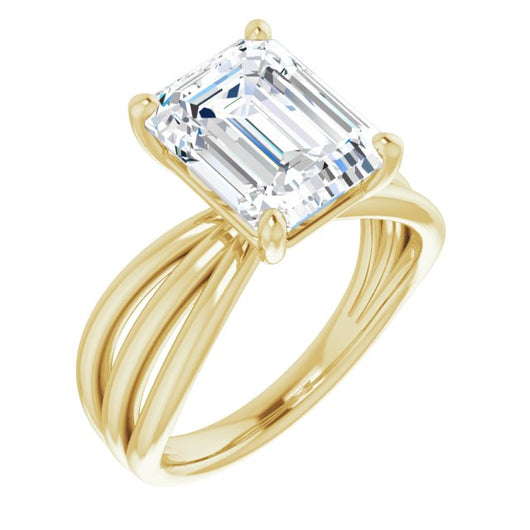 10K Yellow Gold Customizable Emerald/Radiant Cut Solitaire Design with Wide, Ribboned Split-band