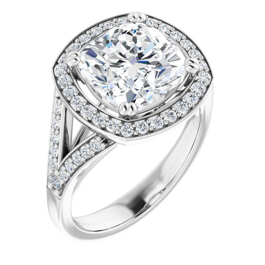 10K White Gold Customizable Cathedral-set Cushion Cut Style with Accented Split Band and Halo