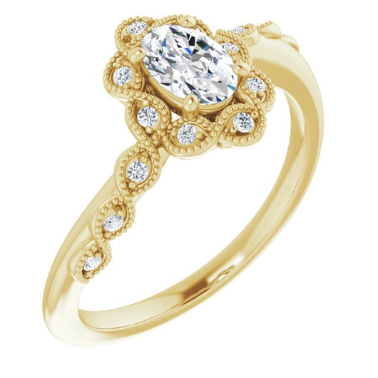 10K Yellow Gold Customizable 3-stone Design with Oval Cut Center and Halo Enhancement