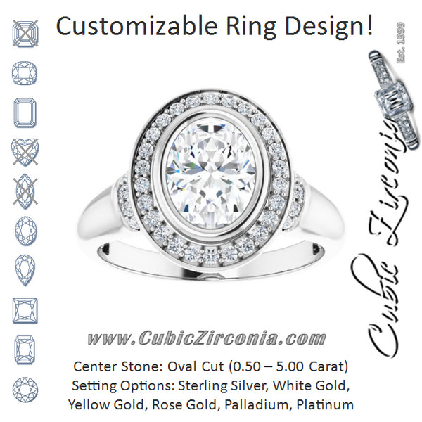 Cubic Zirconia Engagement Ring- The Vilde (Customizable Bezel-set Oval Cut Design with Halo and Vertical Round Channel Accents)