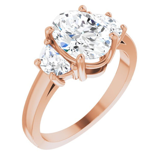 10K Rose Gold Customizable 3-stone Design with Oval Cut Center and Half-moon Side Stones