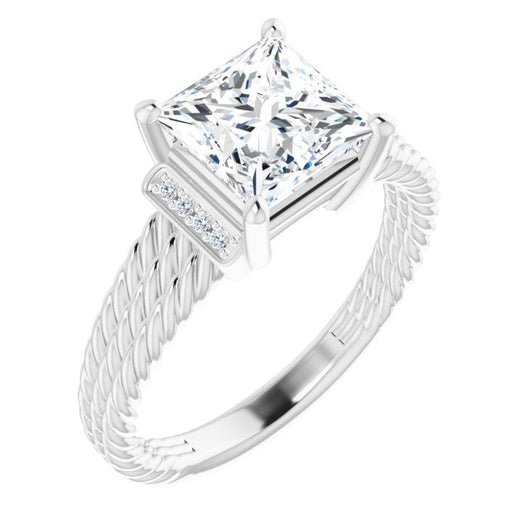 10K White Gold Customizable 11-stone Design featuring Princess/Square Cut Center, Vertical Round-Channel Accents & Wide Triple-Rope Band