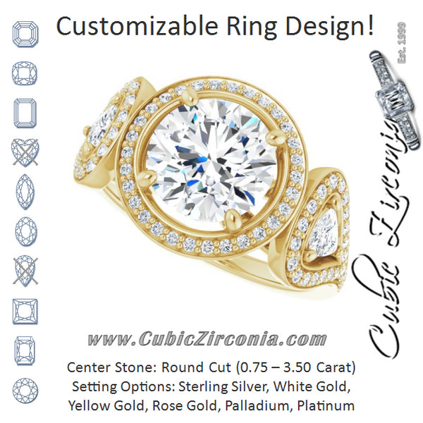 Cubic Zirconia Engagement Ring- The Cordelia (Customizable Cathedral-set Round Cut Design with 2 Trillion Cut Accents, Halo and Split-Shared Prong Band)