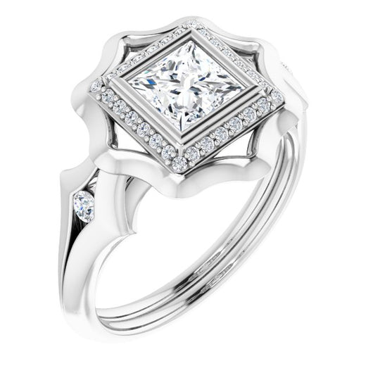 10K White Gold Customizable Bezel-set Princess/Square Cut with Halo & Oversized Floral Design