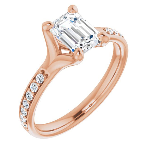 10K Rose Gold Customizable Heavy Prong-Set Emerald/Radiant Cut Style with Round Cut Band Accents