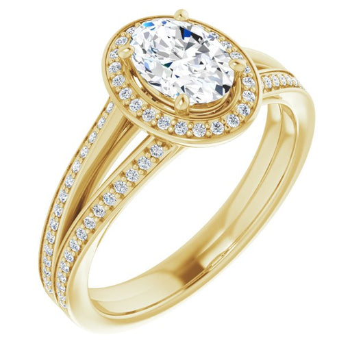 10K Yellow Gold Customizable Oval Cut Design with Split-Band Shared Prong & Halo