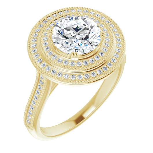 10K Yellow Gold Customizable Round Cut Design with Elegant Double Halo, Houndstooth Milgrain and Band-Channel Accents