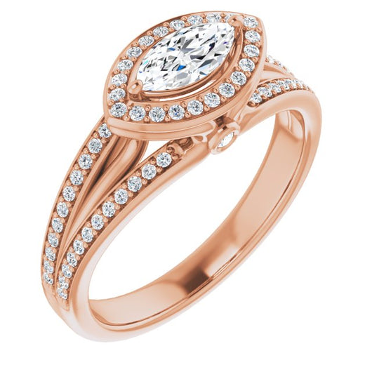 10K Rose Gold Customizable High-set Marquise Cut Design with Halo, Wide Tri-Split Shared Prong Band and Round Bezel Peekaboo Accents