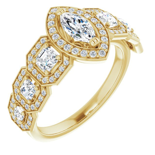 10K Yellow Gold Customizable Cathedral-Halo Marquise Cut Design with Six Halo-surrounded Asscher Cut Accents and Ultra-wide Band