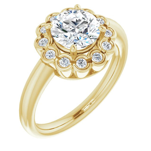 10K Yellow Gold Customizable 13-stone Round Cut Design with Floral-Halo Round Bezel Accents