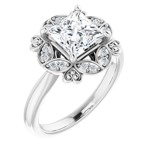 10K White Gold Customizable Princess/Square Cut Design with Floral Segmented Halo & Sculptural Basket