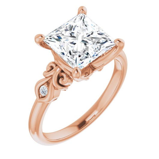 10K Rose Gold Customizable 3-stone Princess/Square Cut Design with Small Round Accents and Filigree