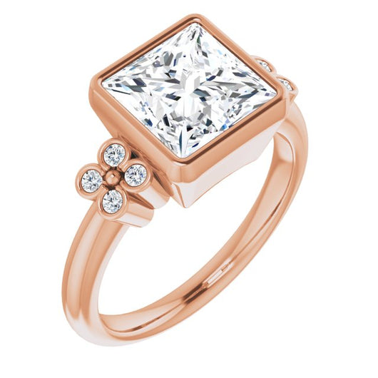 10K Rose Gold Customizable 9-stone Bezel-set Princess/Square Cut Design with Quad Round Bezel Side Stones Each Side