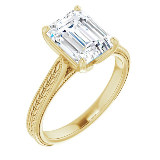 10K Yellow Gold Customizable Emerald/Radiant Cut Solitaire with Wheat-inspired Band 