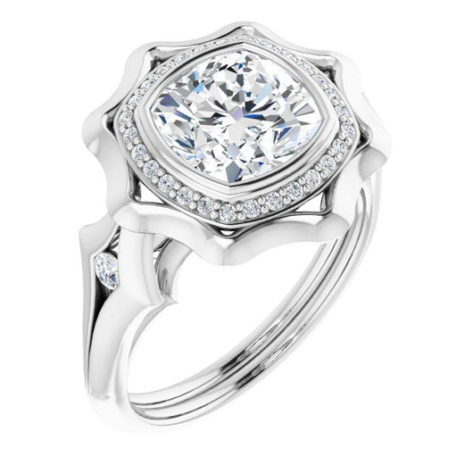 10K White Gold Customizable Bezel-set Cushion Cut with Halo & Oversized Floral Design