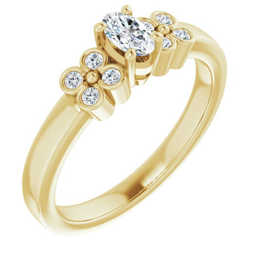 10K Yellow Gold Customizable 9-stone Design with Oval Cut Center and Complementary Quad Bezel-Accent Sets