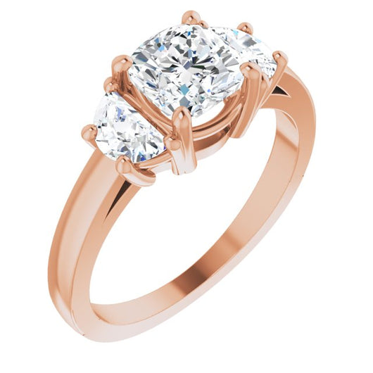 10K Rose Gold Customizable 3-stone Design with Cushion Cut Center and Half-moon Side Stones