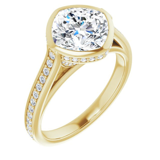 10K Yellow Gold Customizable Cathedral-Bezel Cushion Cut Design with Under Halo and Shared Prong Band