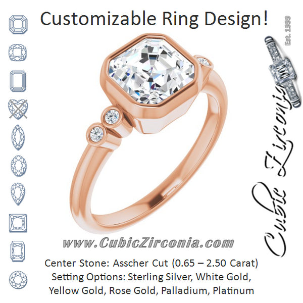 Cubic Zirconia Engagement Ring- The Mandira (Customizable 5-stone Bezel-set Asscher Cut Design with Quad Round-Bezel Side Stones)