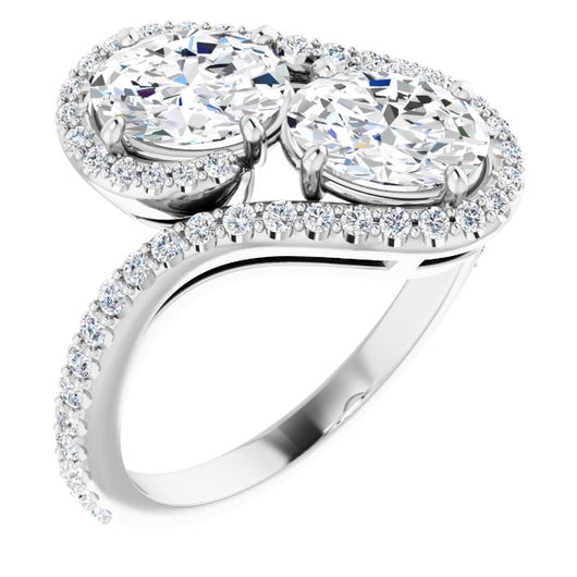 10K White Gold Customizable Double Oval Cut 2-Stone Style Enhanced with Accented Artisan Bypass Band