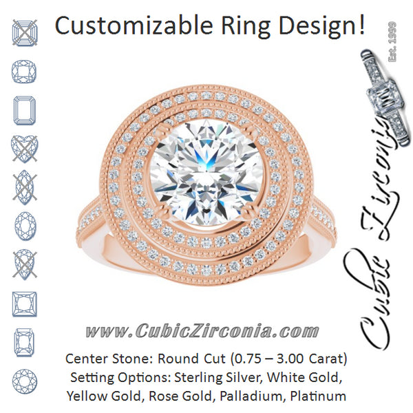 Cubic Zirconia Engagement Ring- The Aubriella (Customizable Round Cut Design with Elegant Double Halo, Houndstooth Milgrain and Band-Channel Accents)