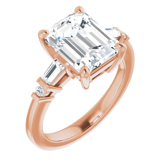 10K Rose Gold Customizable 5-stone Baguette+Round-Accented Emerald/Radiant Cut Design)