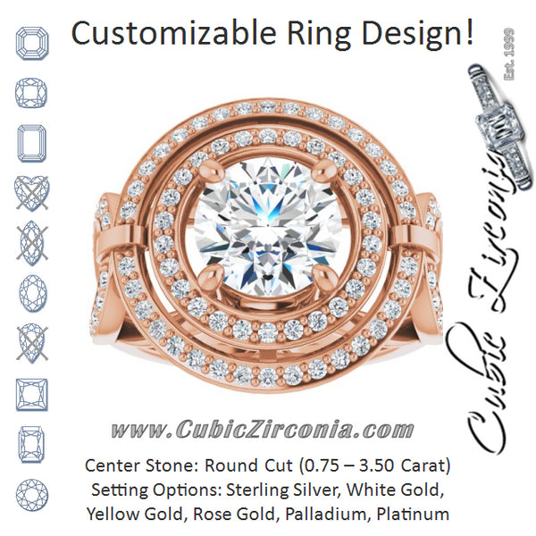 Cubic Zirconia Engagement Ring- The Daksha (Customizable Cathedral-set Round Cut Design with Double Halo & Accented Ultra-wide Horseshoe-inspired Split Band)