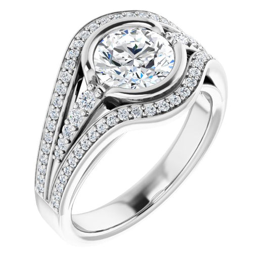 10K White Gold Customizable Cathedral-Bezel Round Cut Design with Wide Triple-Split-Pavé Band