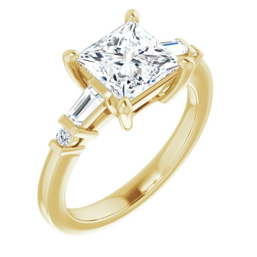 10K Yellow Gold Customizable 5-stone Baguette+Round-Accented Princess/Square Cut Design)