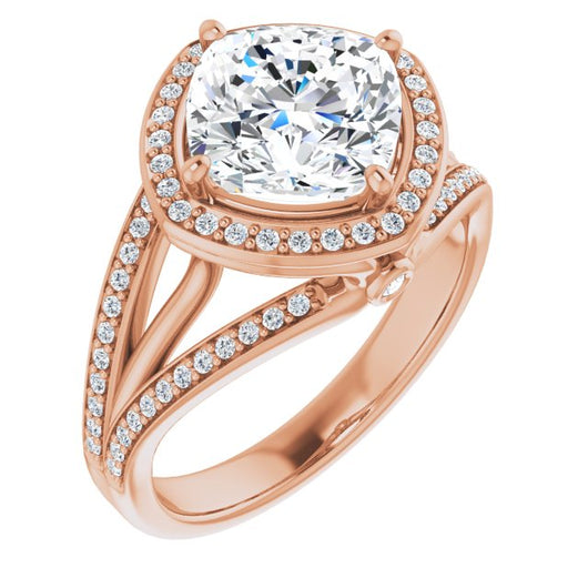 10K Rose Gold Customizable High-set Cushion Cut Design with Halo, Wide Tri-Split Shared Prong Band and Round Bezel Peekaboo Accents
