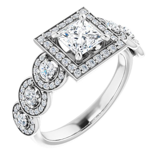 10K White Gold Customizable Cathedral-set Princess/Square Cut 7-stone style Enhanced with 7 Halos