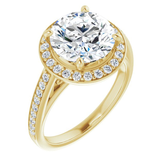 10K Yellow Gold Customizable Round Cut Style with Halo and Sculptural Trellis