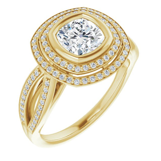 10K Yellow Gold Customizable Bezel-set Cushion Cut Style with Double Halo and Split Shared Prong Band