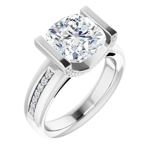 10K White Gold Customizable Cathedral-Bar Cushion Cut Design featuring Shared Prong Band and Prong Accents