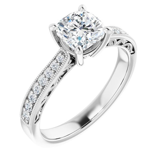 10K White Gold Customizable Cushion Cut Design with Round Band Accents and Three-sided Filigree Engraving