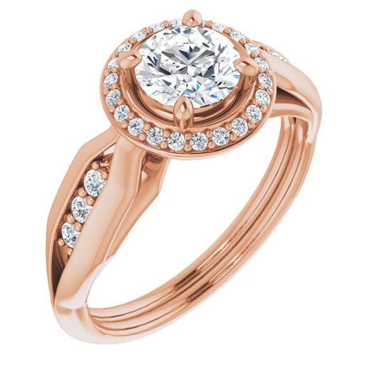 10K Rose Gold Customizable Cathedral-raised Round Cut Design with Halo and Tri-Cluster Band Accents