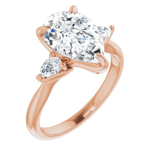 10K Rose Gold Customizable 3-stone Design with Pear Cut Center and Dual Large Pear Side Stones