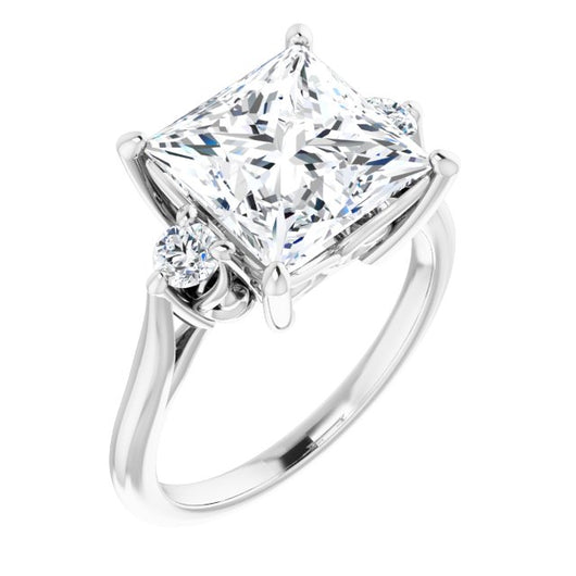 10K White Gold Customizable Three-stone Princess/Square Cut Design with Small Round Accents and Vintage Trellis/Basket