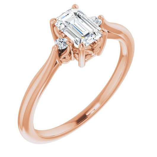 10K Rose Gold Customizable Three-stone Emerald/Radiant Cut Design with Small Round Accents and Vintage Trellis/Basket