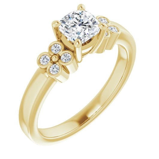 10K Yellow Gold Customizable 9-stone Design with Cushion Cut Center and Complementary Quad Bezel-Accent Sets