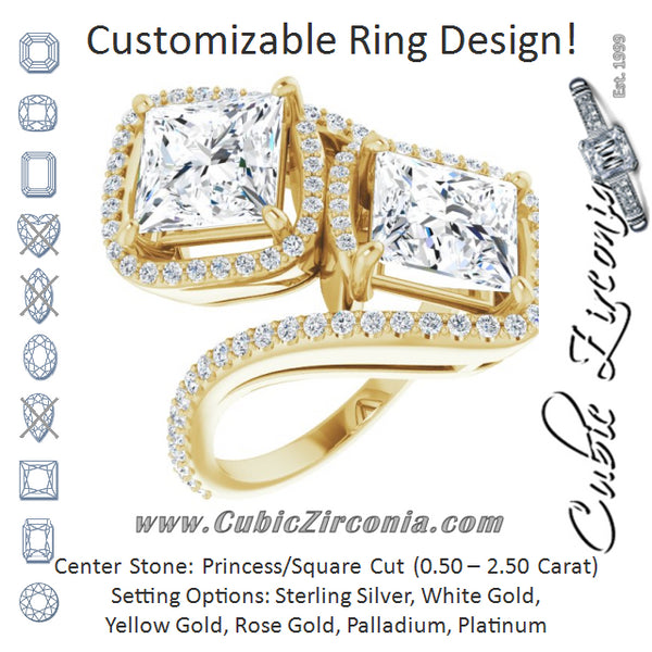 Cubic Zirconia Engagement Ring- The Anushka (Customizable Double Princess/Square Cut 2-Stone Style Enhanced with Accented Artisan Bypass Band)