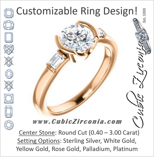 Cubic Zirconia Engagement Ring- The Stephanie (Customizable Bezel-set Round Cut 3-stone with Baguette Accents)